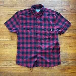 EPTM Mens Red Black Plaid Short Sleeve‎ Button Up Shirt Size M